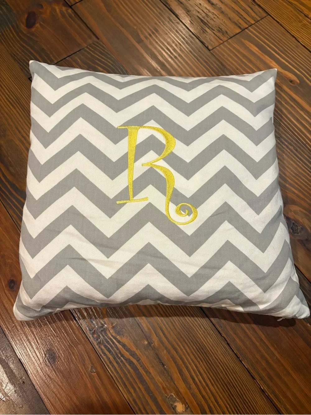 “R” Embroidered Chevron Monogram Pillow - Gray & Yellow